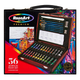 RoseArt Premium Wooden Box ACRYLIC PAINT ART SET 36 Count, featuring paint tubes, brushes, palette knives, and a palette, displayed in colorful packaging.