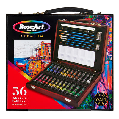 RoseArt Premium Wooden Box ACRYLIC PAINT ART SET 36 Count, featuring paint tubes, brushes, palette knives, and a palette, displayed in colorful packaging.