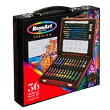 RoseArt Premium Wooden Box ACRYLIC PAINT ART SET 36 Count, featuring paint tubes, brushes, palette, and accessories, displayed on a colorful packaging with an easel painting graphic.