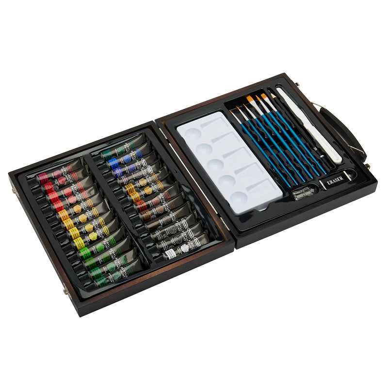 Open RoseArt Premium Wooden Box ACRYLIC PAINT ART SET 36 Count showing multiple compartments with various paint tubes, brushes, palette, an eraser, and other painting tools organized neatly inside a wooden case.
