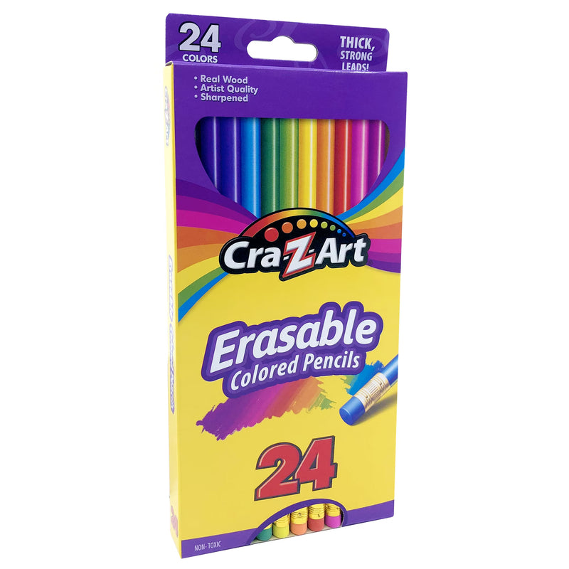Cra-Z-Art Erasable Colored Pencils with Erasers, 24 Colors, Pre-Sharpened, Ages 3+