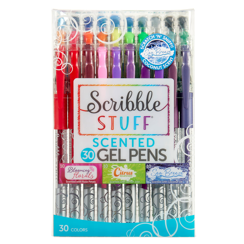 A pack of Scribble Stuff 30 Count Scented Gel Pens Blooming Florals containing 30 pens in various colors. The package highlights three scents: Blooming Time, Citrus, and Sea Breeze.