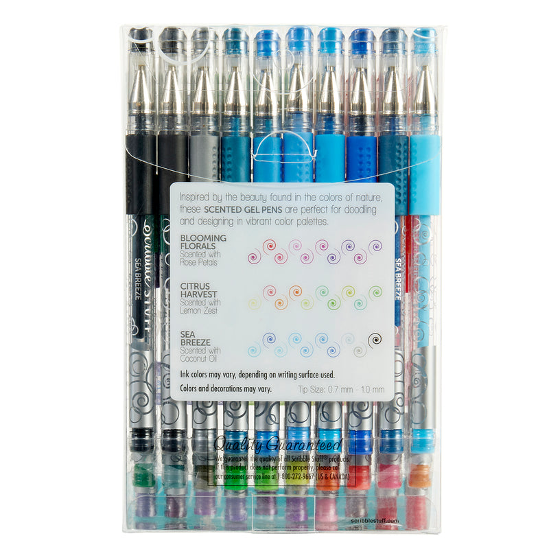 A clear plastic case containing the Scribble Stuff 30 Count Scented Gel Pens Blooming Florals, each with a different design and color, along with a label describing the scents and ink tips ranging from 0.7mm to 1.0mm.