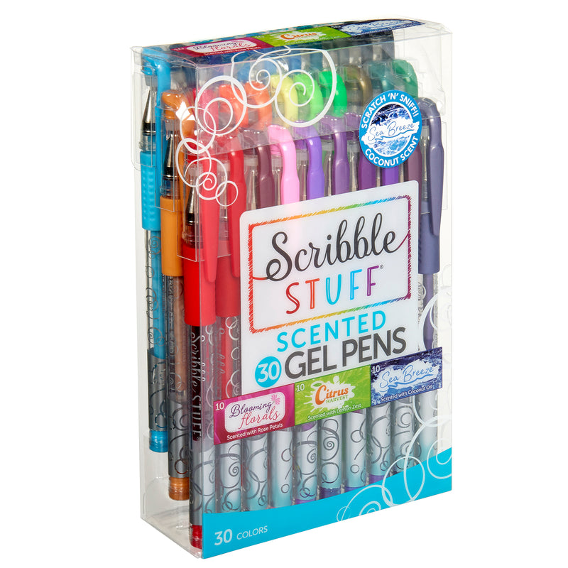 A box of Scribble Stuff 30 Count Scented Gel Pens Blooming Florals, featuring a variety of colors, each with a different scent such as "Coconut," "Citrus," "Seas Breeze," and "Blooming Florals.
