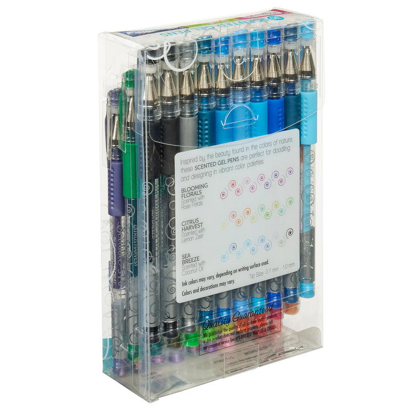 A set of Scribble Stuff 30 Count Scented Gel Pens Blooming Florals in various colors, neatly arranged in a clear plastic case. The case has a label listing scent and color names.