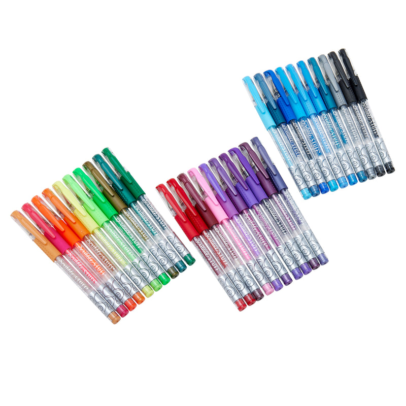 Three sets of Scribble Stuff 30 Count Scented Gel Pens Blooming Florals arranged diagonally: orange to green, red to violet, and light to dark blue.