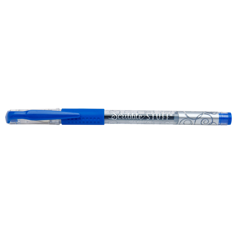 A blue Scribble Stuff 30 Count Scented Gel Pens Blooming Florals with a transparent body and decorative swirls is placed horizontally on a white background.