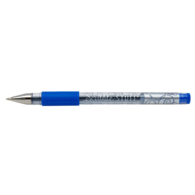 A Scribble Stuff 30 Count Scented Gel Pens Blooming Florals with a transparent barrel adorned with swirl designs, a blue cap, and a blue rubber grip.