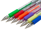 Six Scribble Stuff 30 Count Scented Gel Pens Blooming Florals with transparent barrels and different colored grips (green, red, orange, purple, blue, yellow), are aligned diagonally, tips pointing to the left.