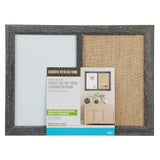A Board Dudes Combo Board Distressed Wood 17x23 INCH with a burlap pin board on the right and a dry erase board on the left, labeled for mounting with included instructions and hardware.