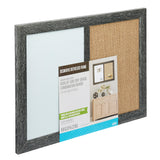 A Board Dudes Combo Board Distressed Wood 17x23 INCH with a dual surface of burlap and dry erase, framed in a distressed wood frame. A product label is attached to the center. Dimensions: 17.7 x 11.8 inches.