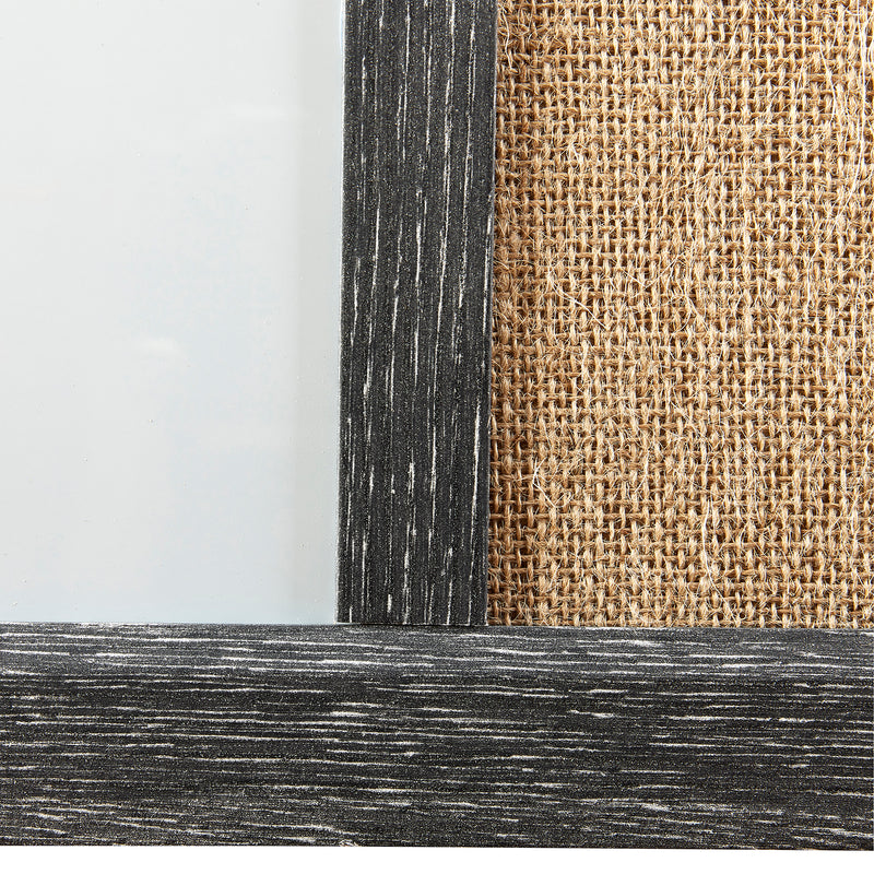 Close-up of a Board Dudes Combo Board Distressed Wood 17x23 INCH with a glass panel on the left and a burlap insert on the right, showcasing the texture and finish of the materials.