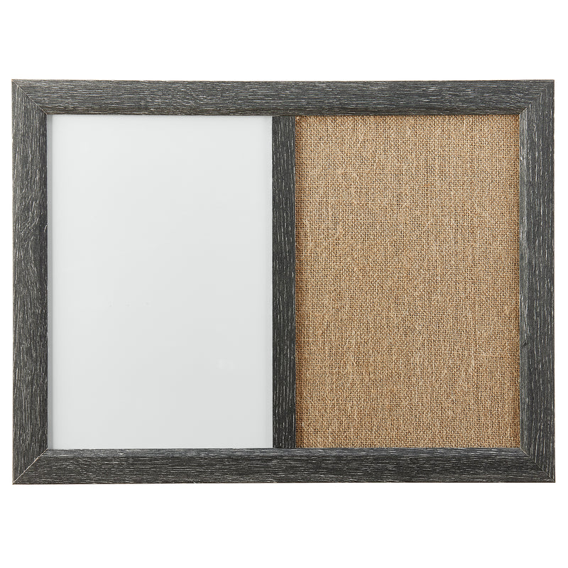 The Board Dudes Combo Board Distressed Wood 17x23 INCH with a whiteboard on the left and a corkboard on the right, both enclosed in a dark wooden frame.