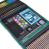 Open RoseArt Timeless Creations Premium Sketch & Design 70+ piece art set zoomed in to show pastels, drawing and charcoal pencils, and sketch pad 