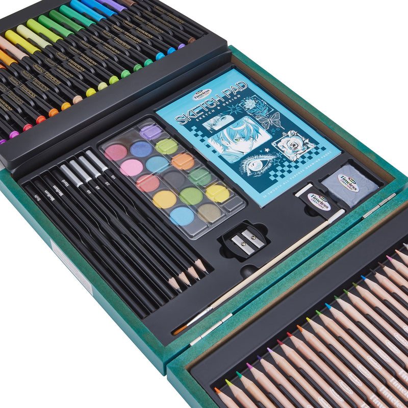 Open RoseArt Timeless Creations Premium Sketch & Design 70+ piece art set zoomed in to show pastels, drawing and charcoal pencils, and sketch pad 