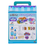 Back of package for Cra-Z-Slimy DIY Super Slimy Shoppe make-your-own slime kit with clear slime glue, activator, pink, blue, yellow and purple colors, confetti, beads, and slime-making supplies.