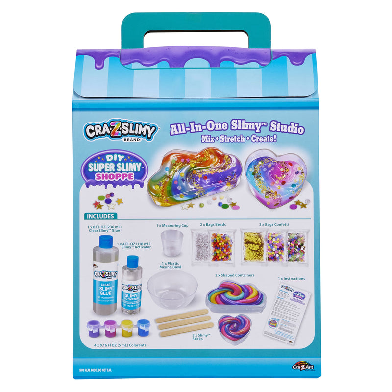Back of package for Cra-Z-Slimy DIY Super Slimy Shoppe make-your-own slime kit with clear slime glue, activator, pink, blue, yellow and purple colors, confetti, beads, and slime-making supplies.
