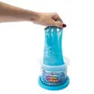 Hand stretching blue Cra-Z-Art Cra-Z-Slimy New Wave Metallic Slime from a 24 oz tub, showing its stretchy texture and sensory play fun.