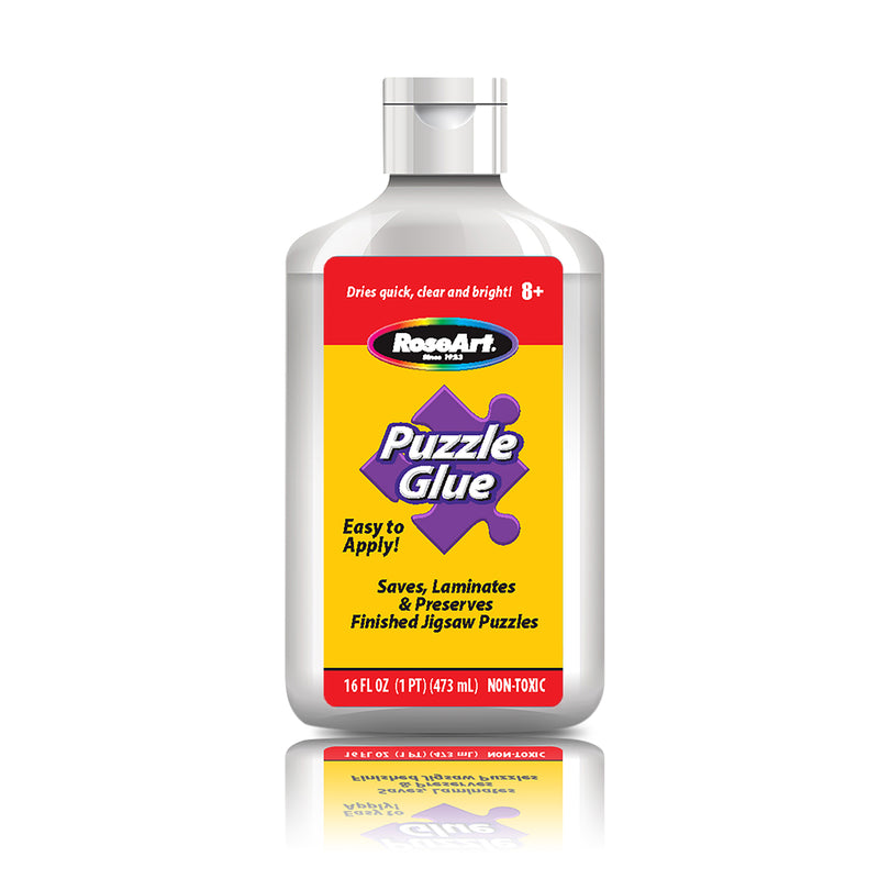 A bottle of RoseArt - 16 oz Puzzle Glue with a yellow label. The bottle is 16 fluid ounces (473 milliliters) and is designed to save, laminate, and preserve finished jigsaw puzzles.