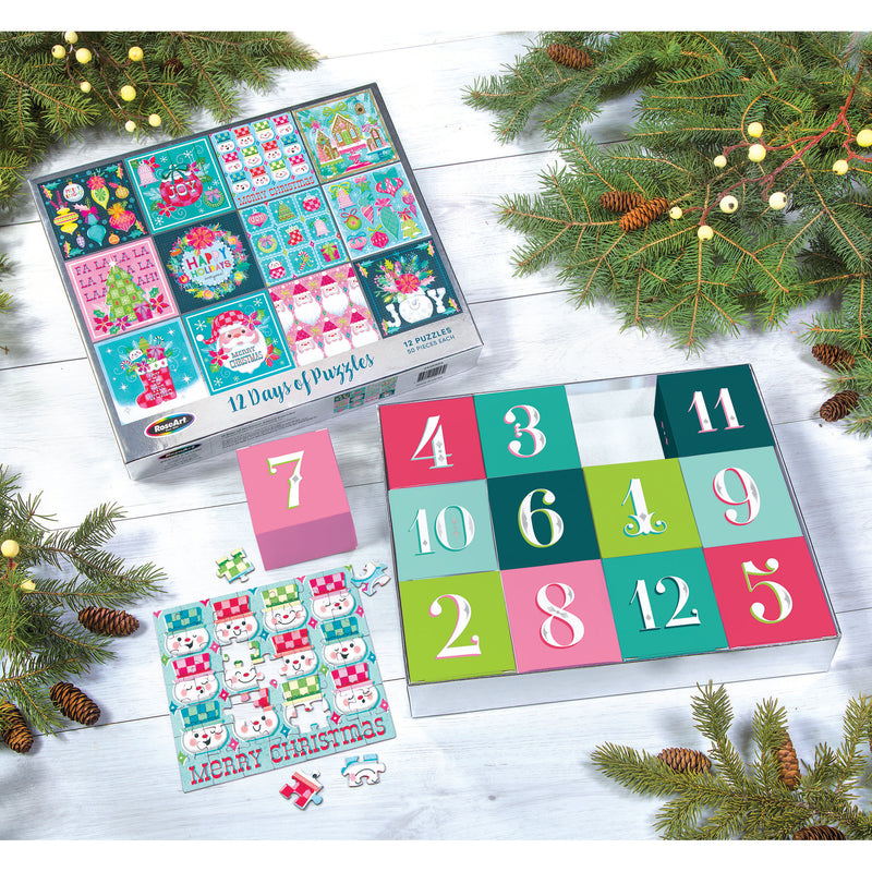 The ROSEART 12 Days of Christmas Advent Calendar includes 12 colorful, numbered boxes, each with a festive 100-piece jigsaw puzzle for the holiday season.