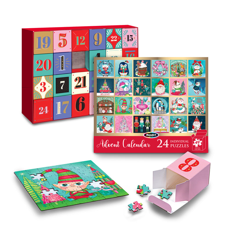 Experience the magic of the season with the RoseArt-Holiday Advent Calendar, featuring 24 individual puzzle compartments decorated with charming holiday-themed images. Assemble a delightful elf scene piece by piece as you count down to Christmas.