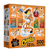 Unleash your snack-loving side with the ROSEART MINI SHAPED Cheetos jigsaw puzzle, featuring 500 pieces of vibrant images of the Cheetos mascot and snack bags, plus a bonus puzzle poster for extra fun.