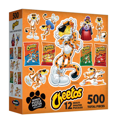 Unleash your snack-loving side with the ROSEART MINI SHAPED Cheetos jigsaw puzzle, featuring 500 pieces of vibrant images of the Cheetos mascot and snack bags, plus a bonus puzzle poster for extra fun.