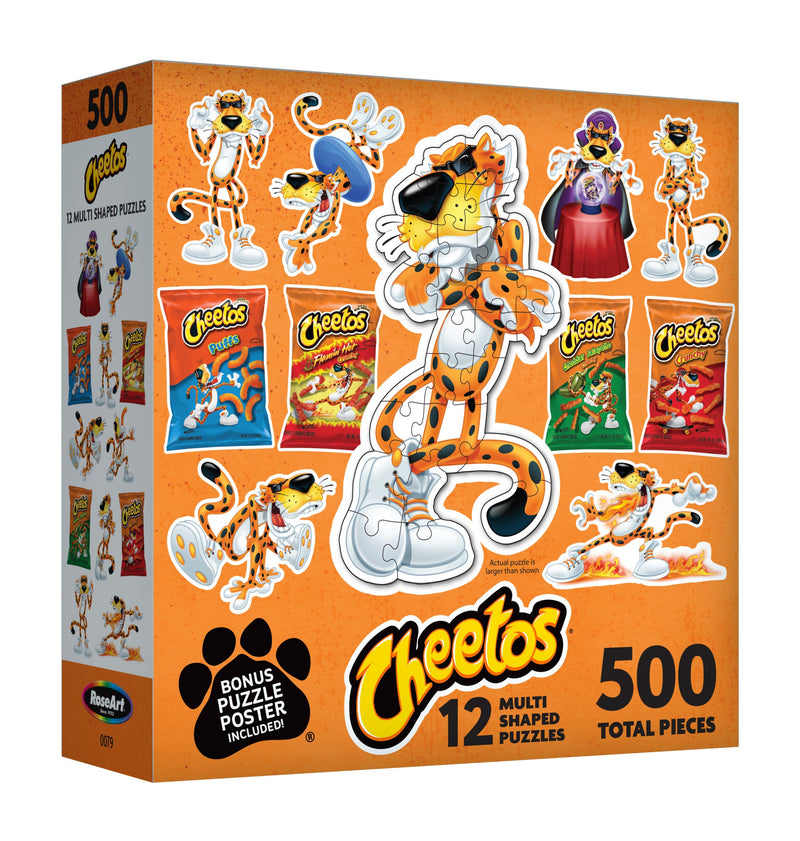 Unleash your snack-loving side with the ROSEART MINI SHAPED Cheetos jigsaw puzzle, featuring 500 pieces of vibrant images of the Cheetos mascot and snack bags, plus a bonus puzzle poster for extra fun.