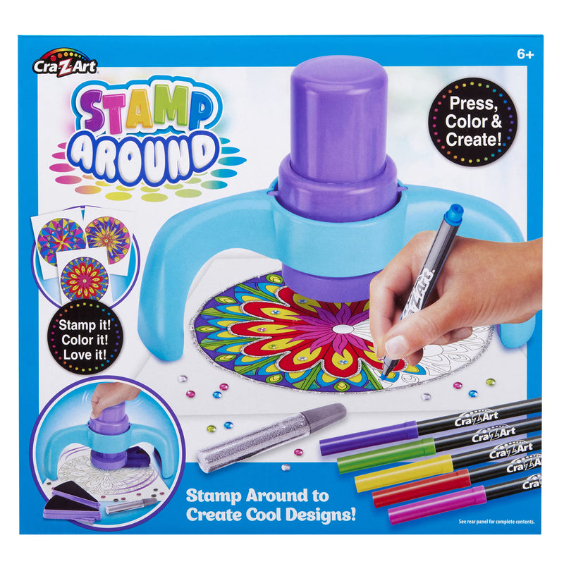 Cra-Z-Art Stamp Around Mandala Stamp & Color Art Kit for kids ages 6 and up, featuring a mandala stamper, colorful markers, and glitter glue for creating and decorating symmetrical mandala art.