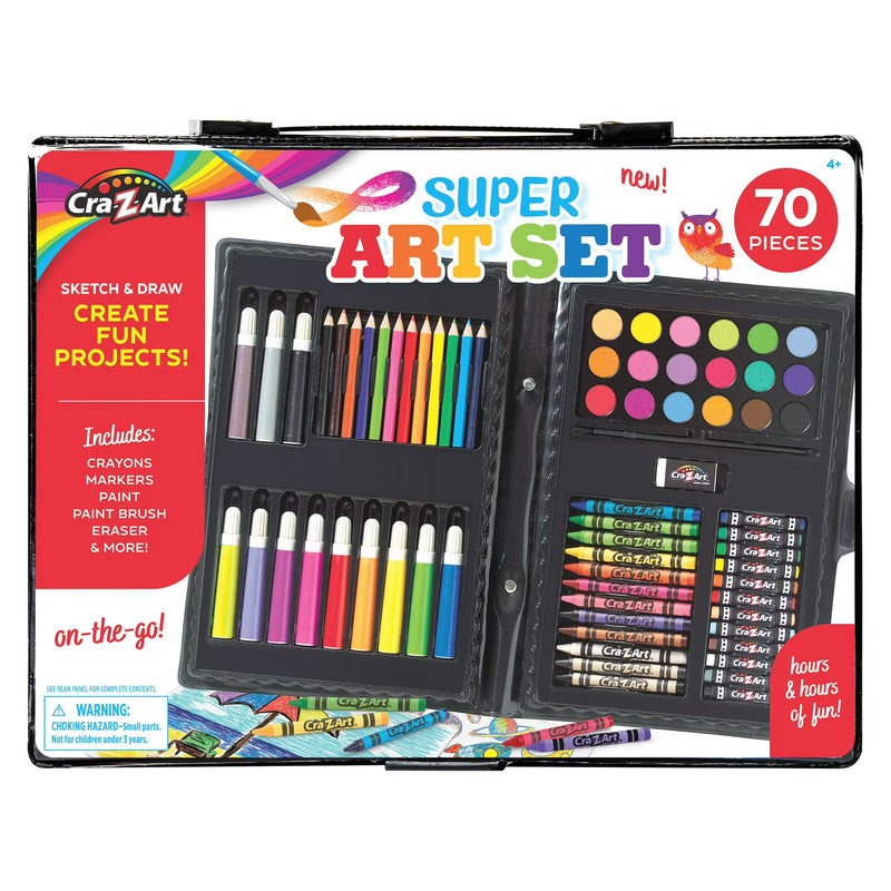 Cra-Z-Art Super Art Set for Kids, 70 Piece Drawing, Coloring & Painting Kit with Carrying Case, Ages 4+