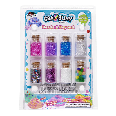 Cra-Z-Slimy Beads & Beyond 8-jar slime mix-in set with colorful beads, gems, flower sequins, foam balls, and mini pom poms for slime and crafts.