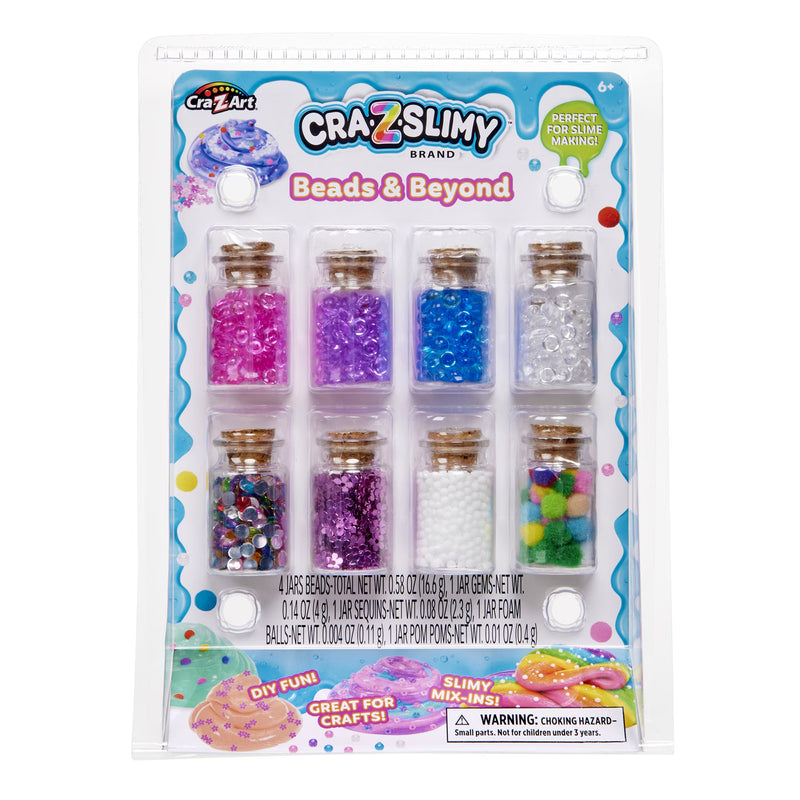 Cra-Z-Slimy Beads & Beyond 8-jar slime mix-in set with colorful beads, gems, flower sequins, foam balls, and mini pom poms for slime and crafts.