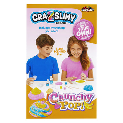 Cra-Z-Slimy Crunchy Pop DIY scented slime kit with clear slime glue, activator, colorants, crunchy beads, mixing tools, cups, and bowls for kids ages 6+.
