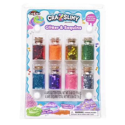 Cra-Z-Slimy Glitter & Sequins 8-jar slime mix-in and craft set with orange, green, blue and pink glitter plus red, gold, purple and silver sequins.
