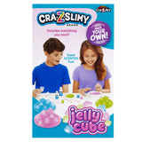 Cra-Z-Slimy Jelly Cube DIY scented slime kit with clear slime glue, activator, 3 colorants, 25 foam cubes, mixing tools, bowls, and storage cups for ages 6+.