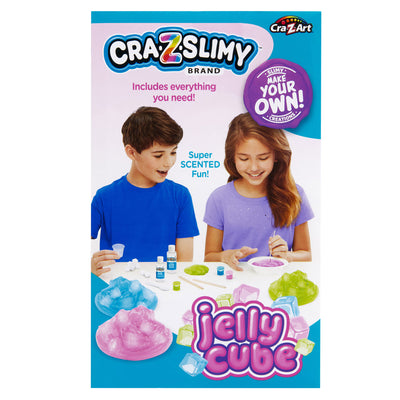 Cra-Z-Slimy Jelly Cube DIY scented slime kit with clear slime glue, activator, 3 colorants, 25 foam cubes, mixing tools, bowls, and storage cups for ages 6+.