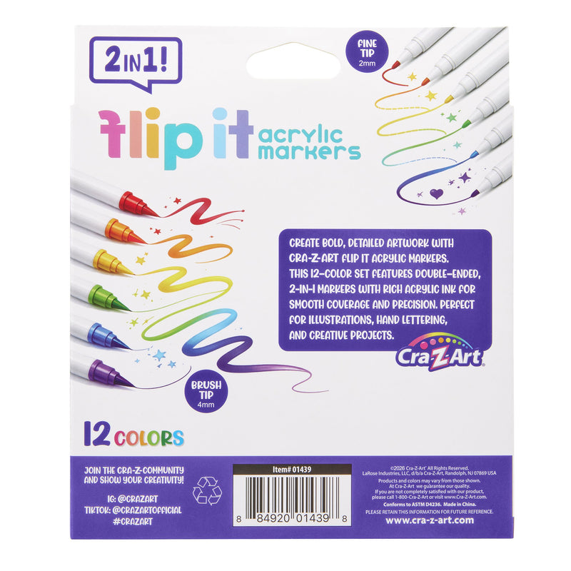 Cra-Z-Art Flip It 12-Count Dual-Tip Acrylic Markers, Brush & Fine Tips