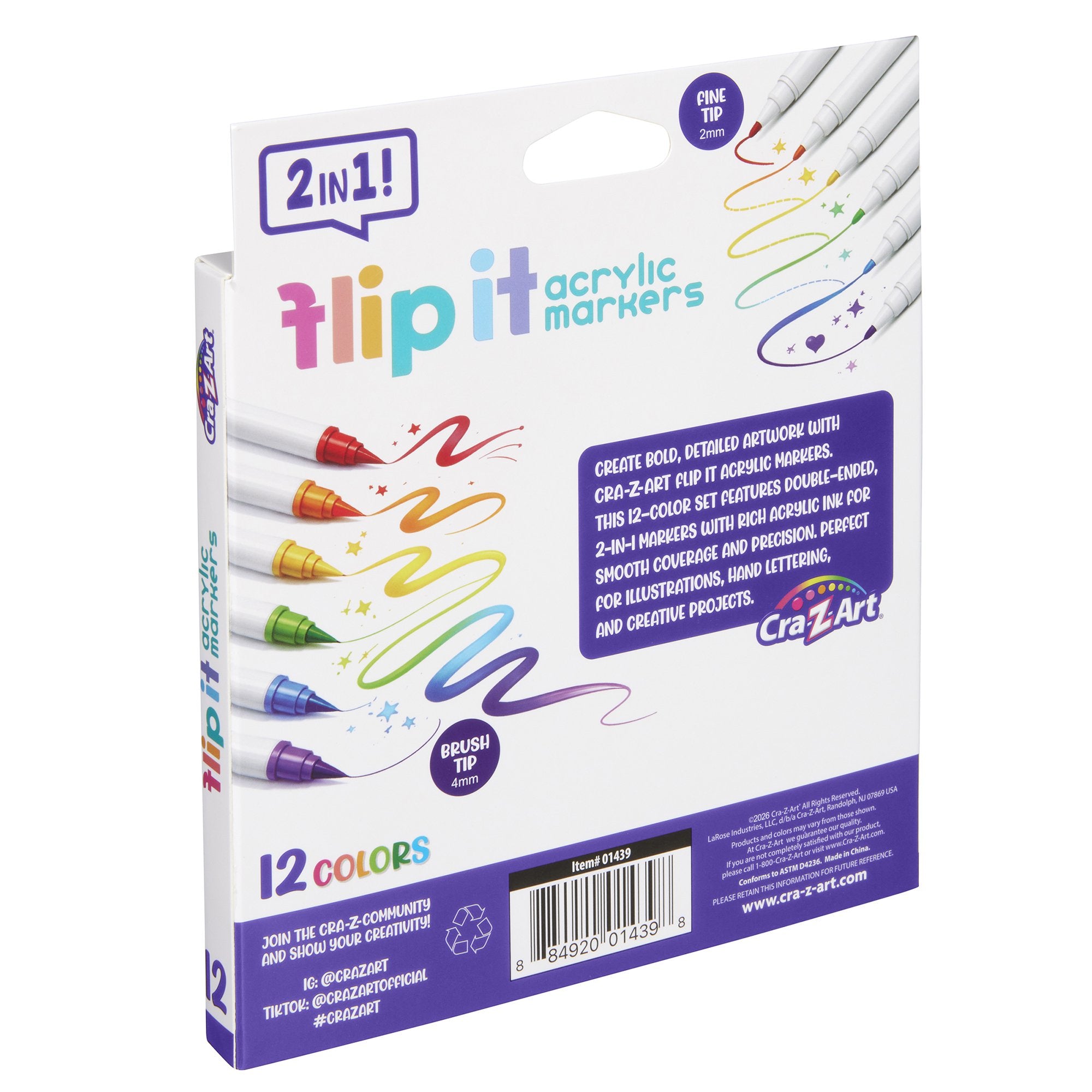 Cra-Z-Art Flip It 12-Count Dual-Tip Acrylic Markers, Brush & Fine Tips