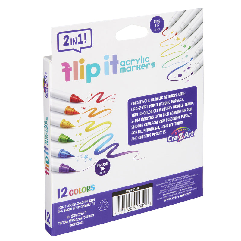 Cra-Z-Art Flip It 12-Count Dual-Tip Acrylic Markers, Brush & Fine Tips