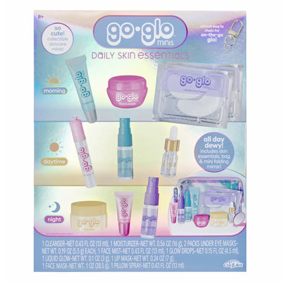 Go Glo Minis Skin Rituals Tween Skincare & Spa Set in a zippered pouch, featuring a collection of baby skincare products including a mirror, moisturizer, eye mask, and lip mask, shown on its retail packaging.