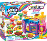 Box of Softee Dough Mealtime toy set with kitchen appliances, food molds, and colorful dough containers. Includes pizza, burgers, and smoothie items. Suitable for ages 3 and up.