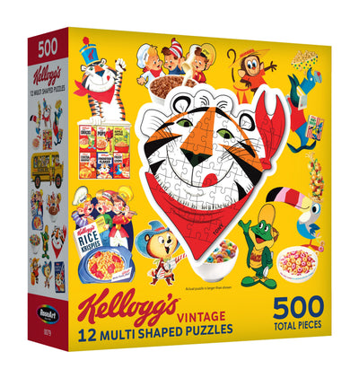 A RoseArt - Kellogg's 12 Multi-Shaped - Kellogg's - 500 Piece Jigsaw Puzzle box features 12 multi-shaped, cereal-themed puzzles totaling 500 pieces. Front showcases cartoon mascots and colorful imagery of different Kellogg's cereal characters.