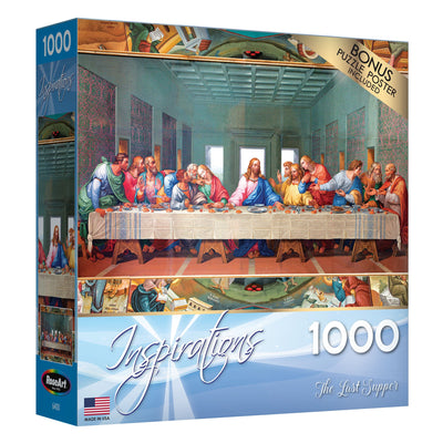 A RoseArt - Inspirations - Last Supper - 1000 Piece Jigsaw Puzzle featuring "The Last Supper" painting. The box displays the image, puzzle count, and includes a bonus puzzle poster.
