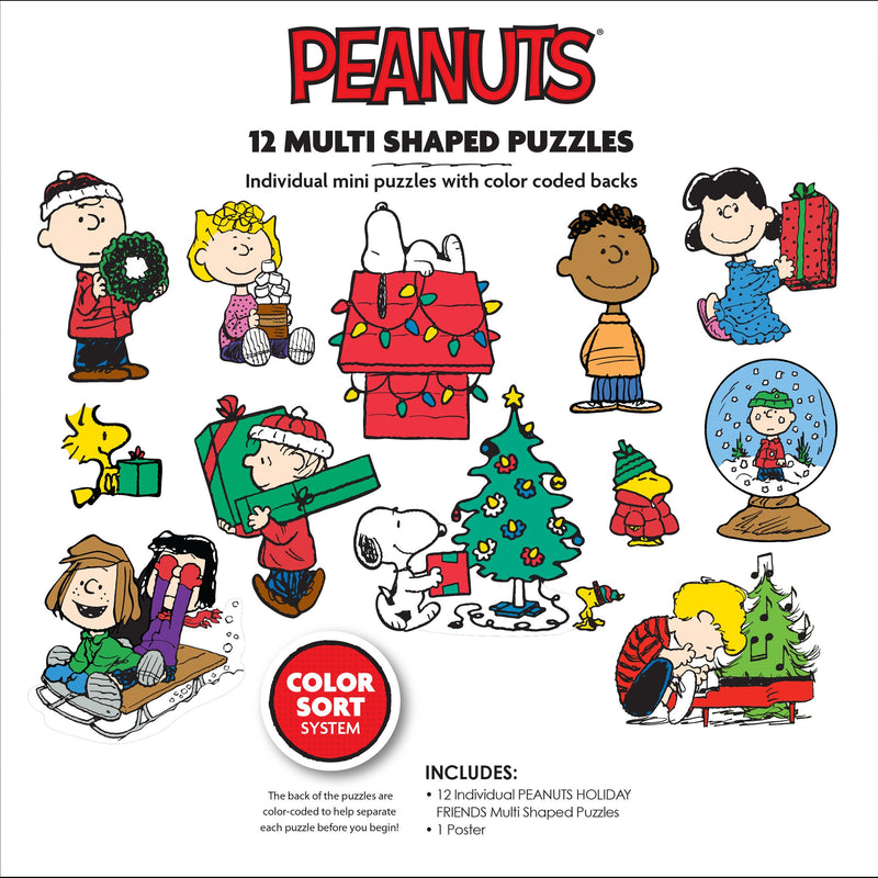 Box cover of "RoseArt - Peanuts Holiday Friends 12 Multi-Shaped - 500 Piece Jigsaw Puzzle" featuring illustrations of Peanuts characters in holiday scenes, including Snoopy, Charlie Brown, and others, with a note mentioning color-coded backs.