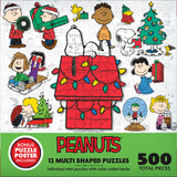 The image shows a RoseArt - Peanuts Holiday Friends 12 Multi-Shaped - 500 Piece Jigsaw Puzzle featuring characters from the comic strip "Peanuts." The largest puzzle is of Snoopy on a decorated doghouse. The packaging mentions a bonus puzzle poster.