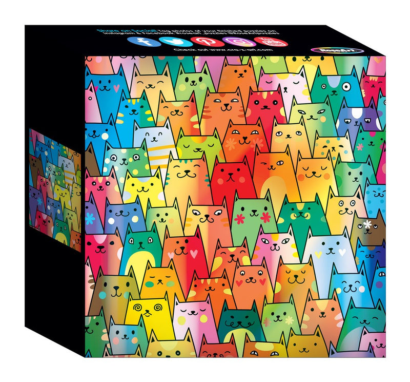 A cube-shaped box featuring a colorful, repeating pattern of cartoon cat faces in various colors and designs contains the RoseArt - Rose - Cute Colorful Cats - 1000 Piece Jigsaw Puzzle.