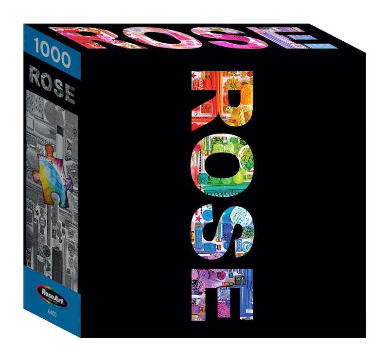 A RoseArt - Rose - Cute Colorful Cats - 1000 Piece Jigsaw Puzzle box with the word "ROSE" printed in colorful patterns on a black background.