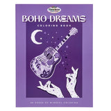 Timeless Creations Boho Dreams 48-page adult coloring book featuring intricate bohemian and celestial designs with moons, stars, guitars, and folk-inspired artwork.
