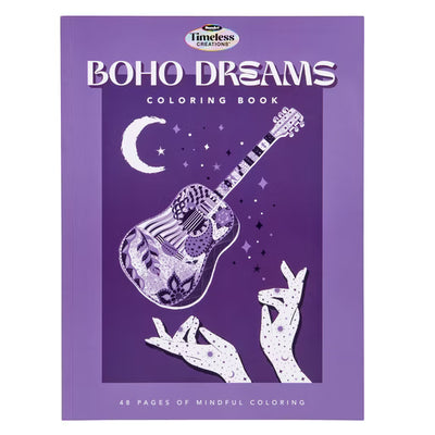 Timeless Creations Boho Dreams 48-page adult coloring book featuring intricate bohemian and celestial designs with moons, stars, guitars, and folk-inspired artwork.