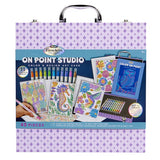 RoseArt Timeless Creations On Point Studio 45-piece dot art and coloring set with double-sided washable markers, coloring book, dot art posters and purple carrying case.